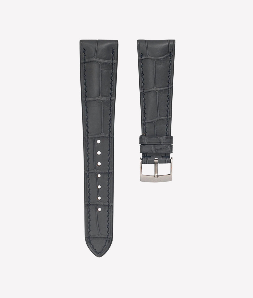 Bracelet Cuir Crocodile Véritable 22mm Noir Mat - Fabrication Française - Style Discret Et Luxe